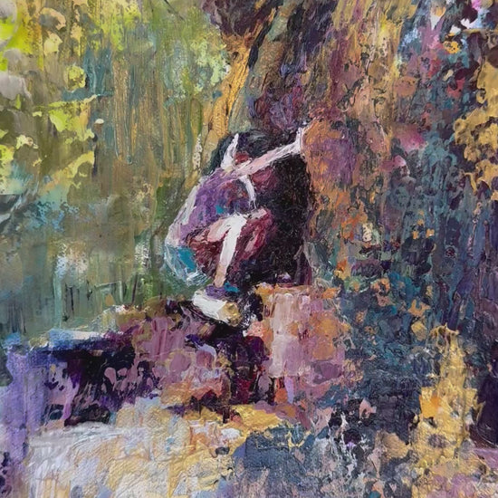 Zoom out from focal point of little girl looking into the hollow nook of the Tree of Life to show up close detail and palette knife texture until you can see the full 10x30 inch painting on gallery wrapped canvas positioned on a neutral mantle inside the frame short video