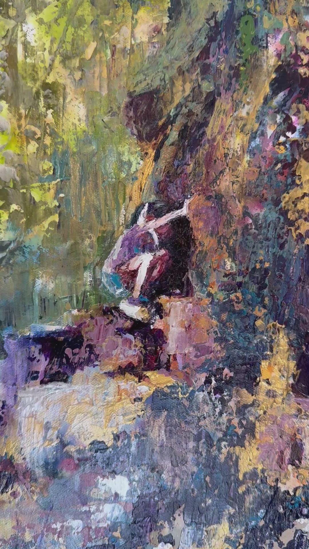 Zoom out from focal point of little girl looking into the hollow nook of the Tree of Life to show up close detail and palette knife texture until you can see the full 10x30 inch painting on gallery wrapped canvas positioned on a neutral mantle inside the frame short video