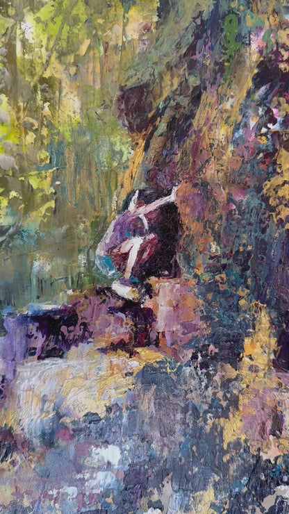 Zoom out from focal point of little girl looking into the hollow nook of the Tree of Life to show up close detail and palette knife texture until you can see the full 10x30 inch painting on gallery wrapped canvas positioned on a neutral mantle inside the frame short video