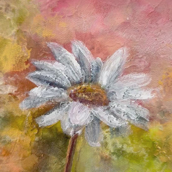 Video of white daisy flower slowly zooming out to show the whole painting that has a soft abstract background 10 x 10 inch gallery wrapped painting on white mantle
