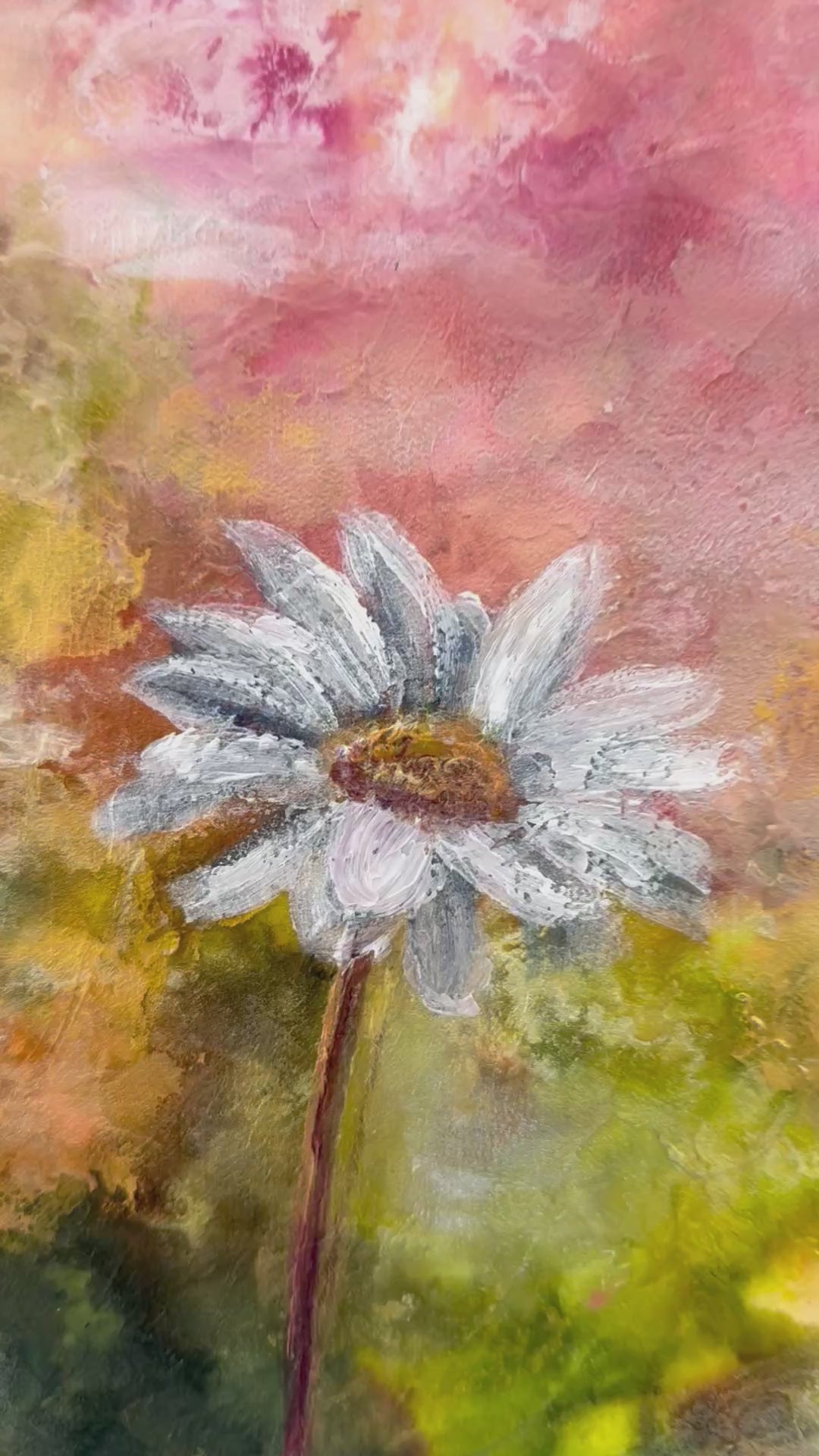 Video of white daisy flower slowly zooming out to show the whole painting that has a soft abstract background 10 x 10 inch gallery wrapped painting on white mantle