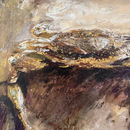 Abstract coastal crab acrylic palette knife painting detail texture shot with gold and brown tones