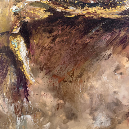 Abstract coastal crab acrylic palette knife painting detail texture shot with gold and brown tones