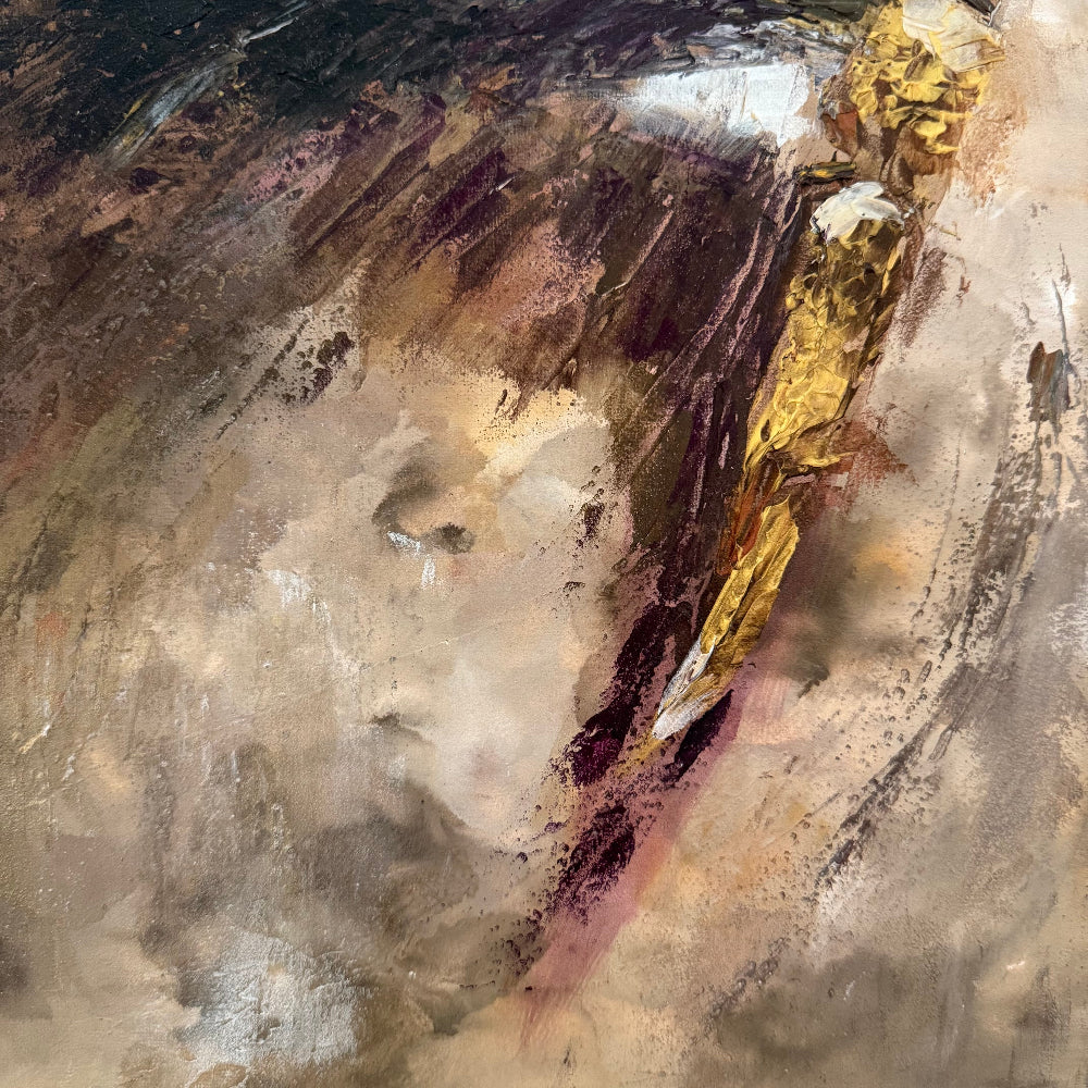 Abstract palette knife painting of coastal crab with swirling brown, gold, and white colors thick texture