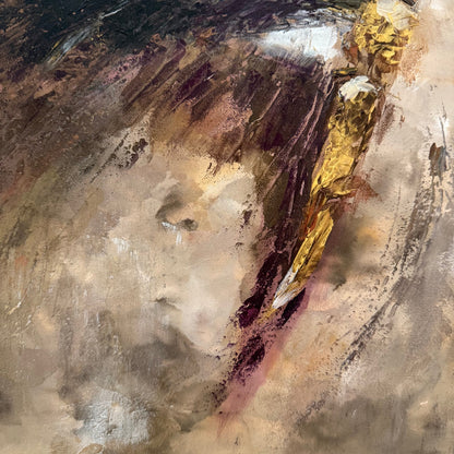 Abstract palette knife painting of coastal crab with swirling brown, gold, and white colors thick texture