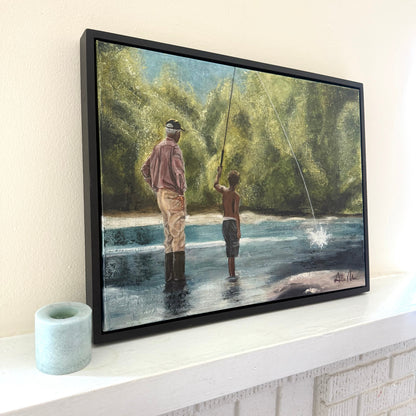 Teach a Man to Fish” by Allison Victoria — an impressionistic mixed media and oil painting of a grandfather teaching his grandson to fish in a peaceful river surrounded by glowing green trees and soft sunlight. The painting captures mentorship, discipleship, generational wisdom, faith, and the beauty of quiet childhood memories.