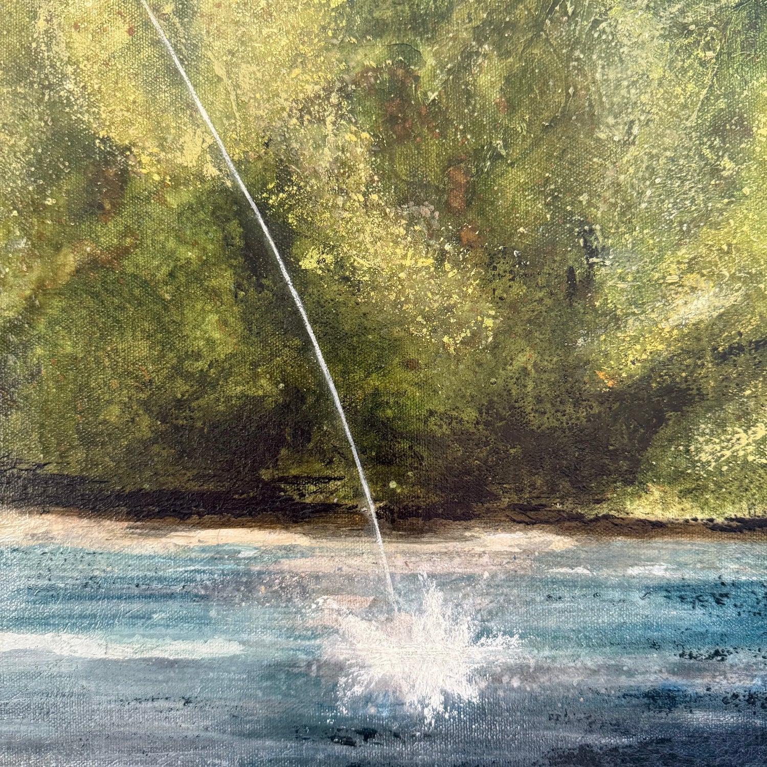 Artistic depiction of water splashing into a body of water with a green landscape in the background. greens blues and browns and white hues
