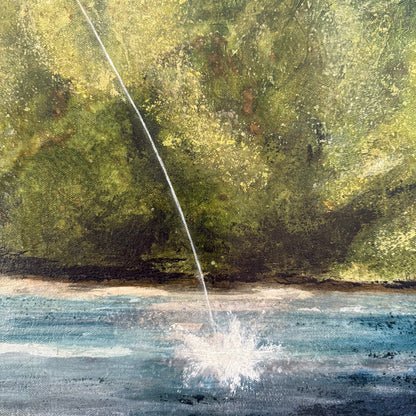 Artistic depiction of water splashing into a body of water with a green landscape in the background. greens blues and browns and white hues