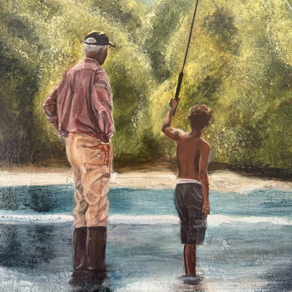 Painting of a man and a boy fishing by a river with trees in the background. by Allison Victoria greens blues and browns and white hues