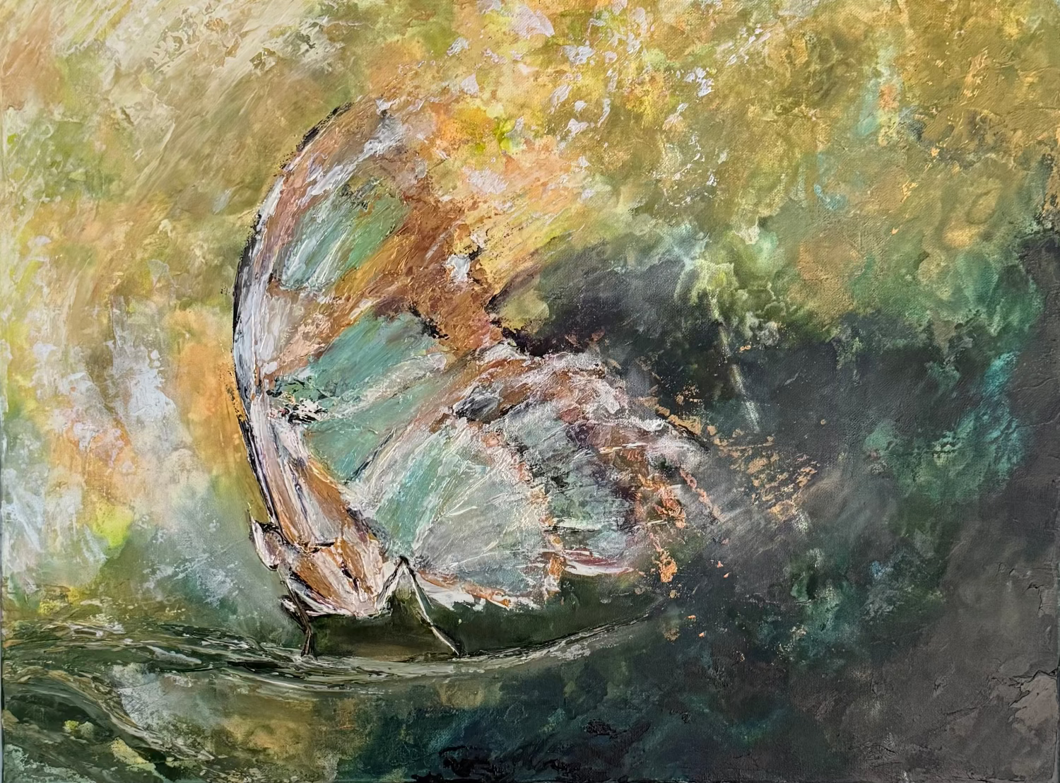 Abstract acrylic palette knife painting of a butterfly with earthy tones gold and green background  with teal and gold wings landing on a branch full of life and movement the name is Transformed custom art by Allison Victoria